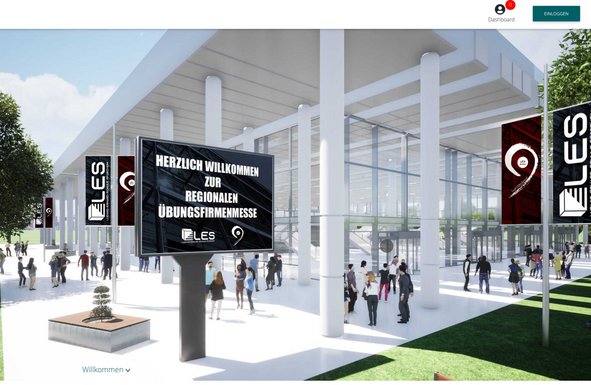 Screenshot des Eingangsbereiches der virtuellen Übungsfirmenmesse 2022